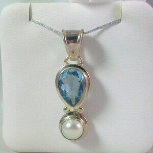 Silver 925 Teardrop Blue Topaz Round White Pearl Art Nouveau PENDANT ONLY